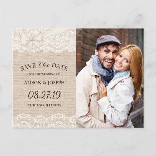 Rustieke Chique Ivory Burlap Lace Save the Date Fo Aankondigingskaart (Voorkant)