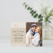 Rustieke Chique Ivory Burlap Lace Save the Date Fo Aankondigingskaart (Staand voorkant)