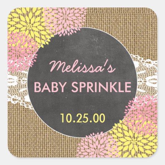 Rustieke Chique jute roze geel baby sprinkle gunst Vierkante Sticker (Voorkant)