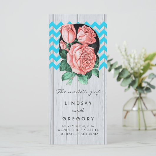 Rustieke chique koraal en turquoise trouwprogramma programmakaart (Staand voorkant)