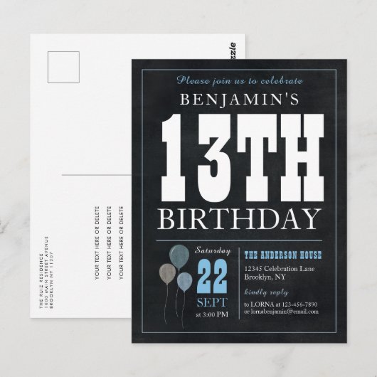 Rustieke chique krijtbord blauwe ballon 13e verjaa briefkaart (Voorkant / Achterkant)