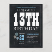 Rustieke chique krijtbord blauwe ballon 13e verjaa briefkaart (Voorkant)