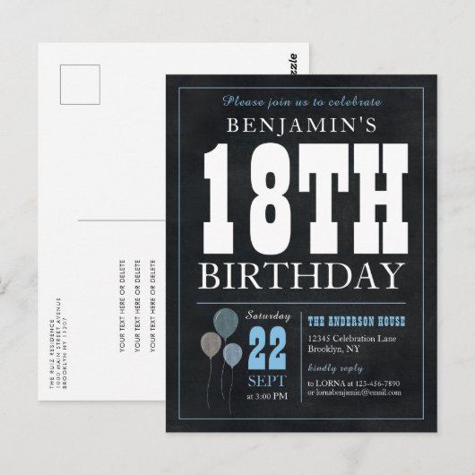 Rustieke chique krijtbord blauwe ballon 18e verjaa briefkaart (Voorkant / Achterkant)