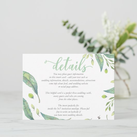 Rustieke chique Waterverf FoliageBruiloft DETAILS  Informatiekaartje (Staand voorkant)