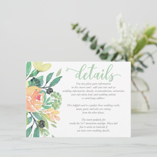 Rustieke chique Waterverf Pioen Bruiloft DETAILS K Informatiekaartje (Staand voorkant)