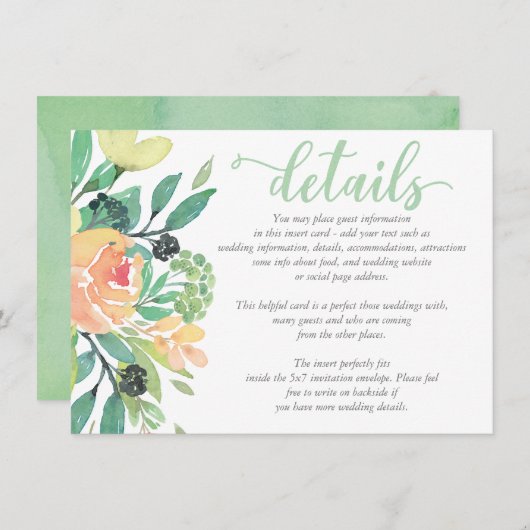 Rustieke chique Waterverf Pioen Bruiloft DETAILS K Informatiekaartje (Voorkant / Achterkant)