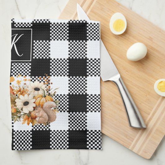 Rustieke Chique Zwart Wit Plaid Herfst Tuin Monogr Theedoek (Quarter Fold)