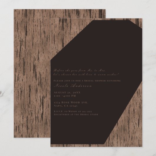 Rustieke Chocolade Rozen Hout Moderne Bruidsdouche Kaart (Voorkant / Achterkant)
