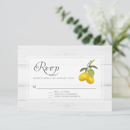 Rustieke Citroen Bloemige Gele Witte Hout  RSVP Kaartje (Staand voorkant)