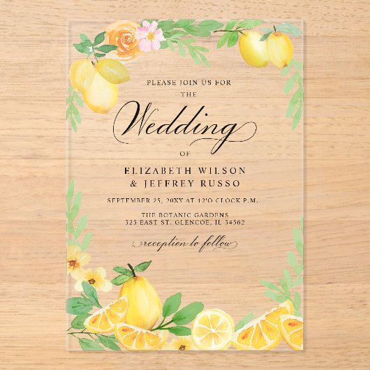 Rustieke citroen citrus boho zomer bruiloft acryl uitnodigingen (Voorkant)
