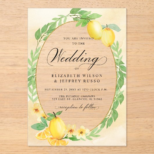 Rustieke Citroen Citrus Boho Zomer Bruiloft Acryl Uitnodigingen (Voorkant)