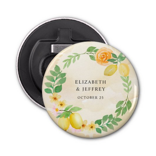 Rustieke citroen citrus boho zomer bruiloft button flesopener (Voorkant)