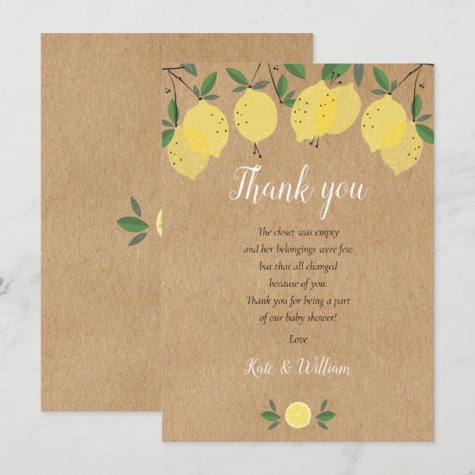 Rustieke citroenen baby shower gedicht bedankkaart (Voorkant / Achterkant)