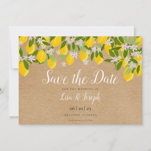Rustieke citroenen bloeien Elegant Schrift Save The Date (Voorkant)