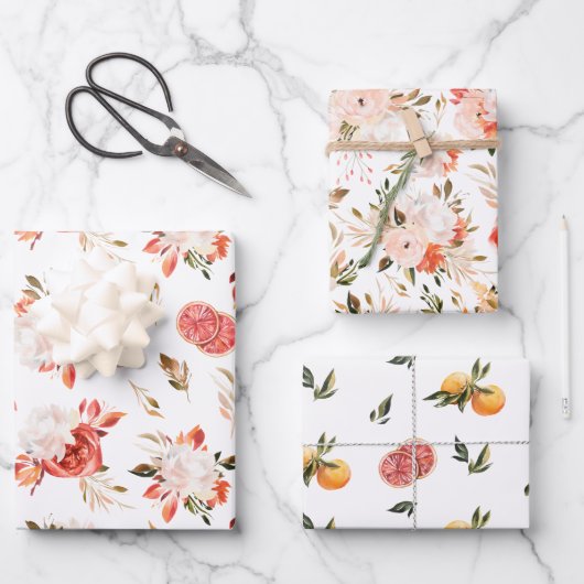 Rustieke Citrus Bloemige Waterverf Drie-pack Inpakpapier Vel (Voorkant)