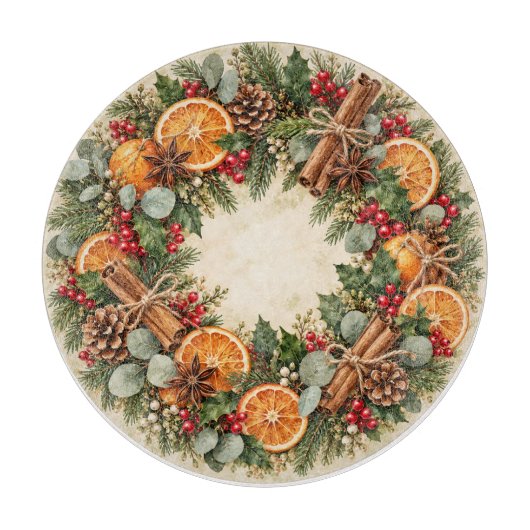 Rustieke citrus kerstkrans snijplank (Voorkant)