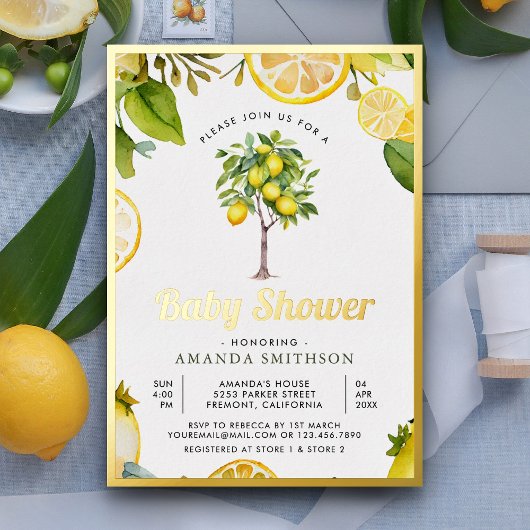 Rustieke Citrus Lemon Tree Baby shower Gold Folie Uitnodiging