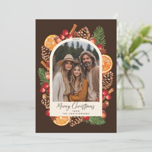 Rustieke Citrus Winter Botanische Foto Kerstmis Feestdagenkaart (Staand voorkant)