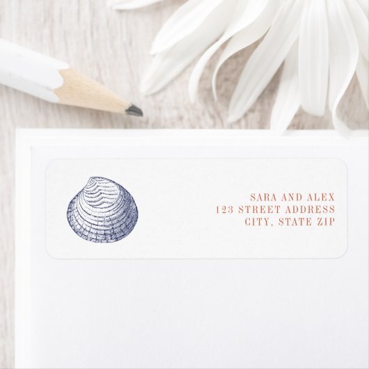 Rustieke Clam Shell Rood & Blauw Bruiloft Etiket (Insitu)