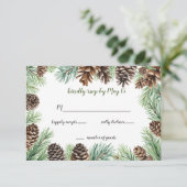 Rustieke conifeer laat dennenappel bruiloft RSVP kaartje (Staand voorkant)