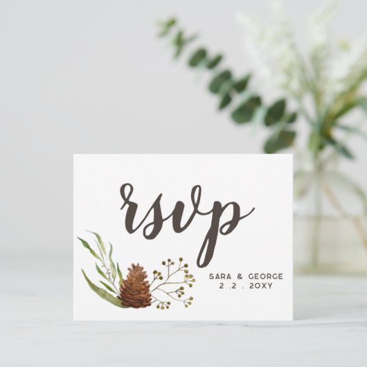 Rustieke Conifer Pine kegel bruiloft RSVP Uitnodiging Briefkaart (Staand voorkant)