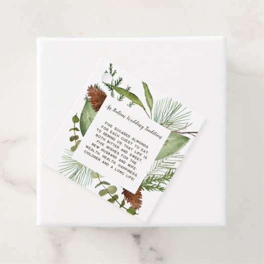 Rustieke coniferen takken dennenappel bruiloft bedankjes labels (In situ)