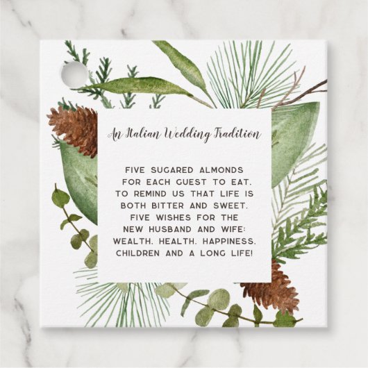 Rustieke coniferen takken dennenappel bruiloft bedankjes labels (Voorkant)