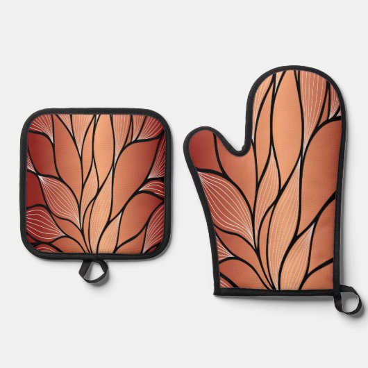 Rustieke Coppery Bronze Leave Pattern Ovenwant & Pannenlap Set (Voorkant)