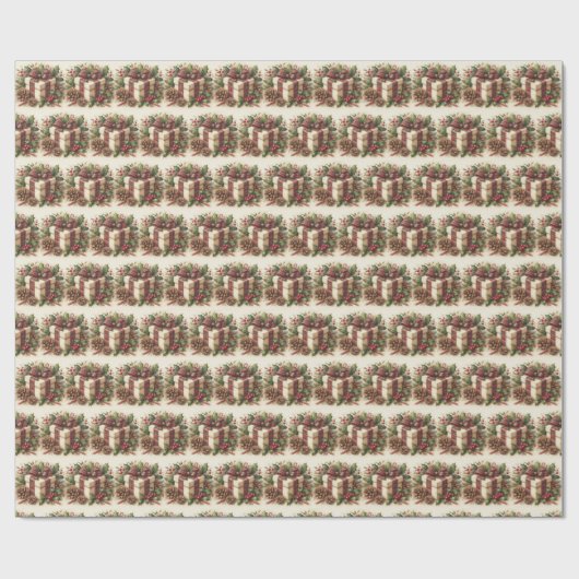 Rustieke Coquette Plaid Bow Holly Pinecone Kerstmi Cadeaupapier (Vlak)