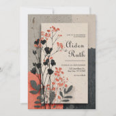 Rustieke Coral & Charcoal Foliage Wedding Kaart (Voorkant)