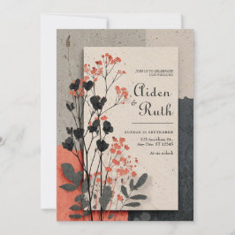 Rustieke Coral & Charcoal Foliage Wedding Kaart