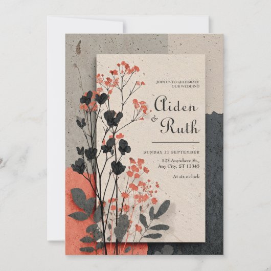 Rustieke Coral & Charcoal Foliage Wedding Kaart (Voorkant)