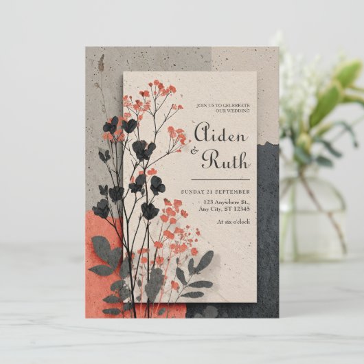 Rustieke Coral & Charcoal Foliage Wedding Kaart (Staand voorkant)