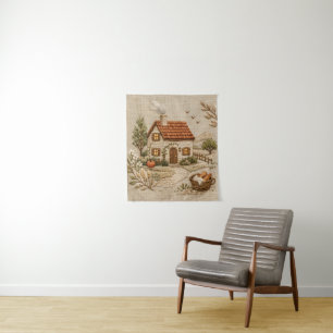 Rustieke Cottage Borduurwerk – Knus Platteland Wandkleed
