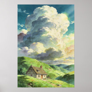 Rustieke Cottage onder de Zomerwolken Poster