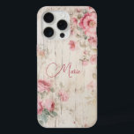 Rustieke Cottage stijl Rozen op oud hout w / naam iPhone 15 Pro Max Case<br><div class="desc">Charmante rustieke huisje stijl pastel roze rozen en licht salie gebladerte op oude verweerde houten textuur met bewerkbare tekstveld voor uw aangepaste naam of monogram.</div>