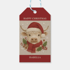 Rustieke cottagecore Highland Koe met Santa Hat Cadeaulabel