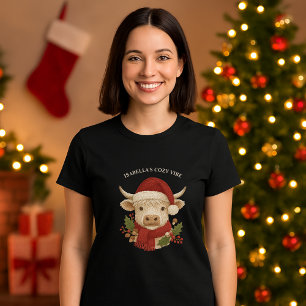 Rustieke cottagecore Highland Koe Santa Hat zwart T-shirt