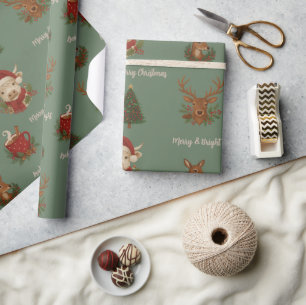 Rustieke CottageCore Vrolijke Kerstdieren & Cacao Cadeaupapier