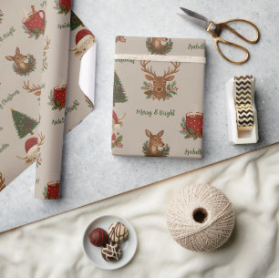 Rustieke CottageCore Vrolijke Kerstdieren & Cacao Cadeaupapier