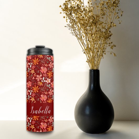 Rustieke cottagecore waterverf bloemenrood thermosbeker