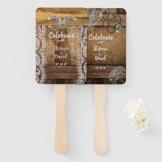 Rustieke Country Barnwood Hoefijzers bruiloft Handwaaier (Voorkant en achterkant)
