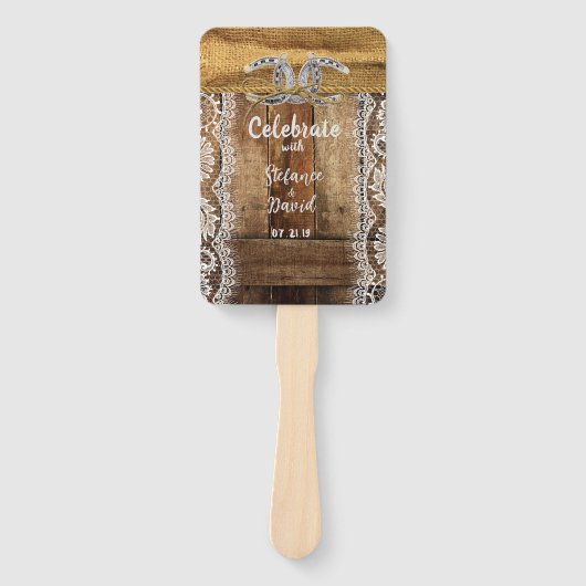 Rustieke Country Barnwood Hoefijzers bruiloft Handwaaier (Voorkant)