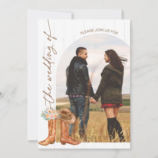 Rustieke Country Boots Arch Foto Huwelijksuitnodig Kaart (Voorkant)