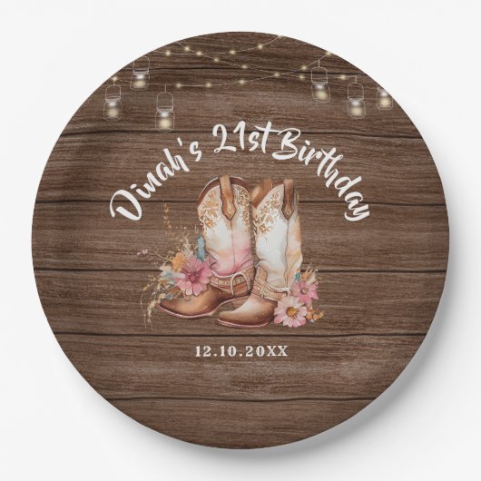Rustieke Country Boots Cowgirl Verjaardag Papieren Bordje (Voorkant)