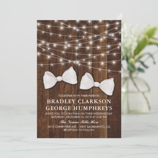 Rustieke Country Bow Stropdas Gay Groom Bruiloft Kaart (Staand voorkant)