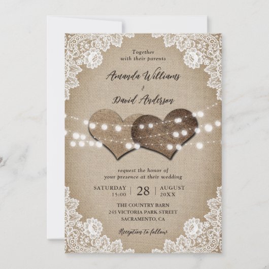 Rustieke Country  Burlap Bloemen Lace Wedding Kaart (Voorkant)