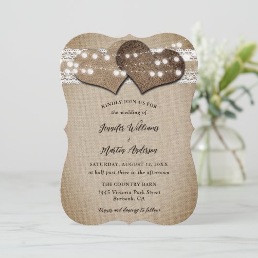 Rustieke Country Burlap en Kant bruiloft uitnodigi Kaart (Staand voorkant)
