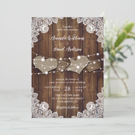 Rustieke Country Burlap en Kant bruiloft uitnodigi Kaart (Staand voorkant)