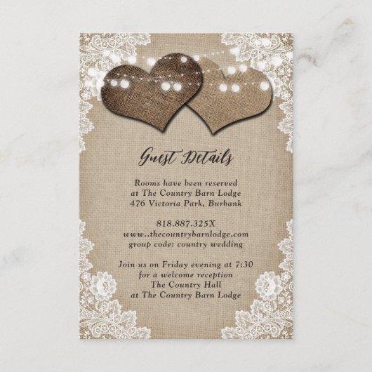 Rustieke Country Burlap Floral Lace Wedding Informatiekaartje (Voorkant)